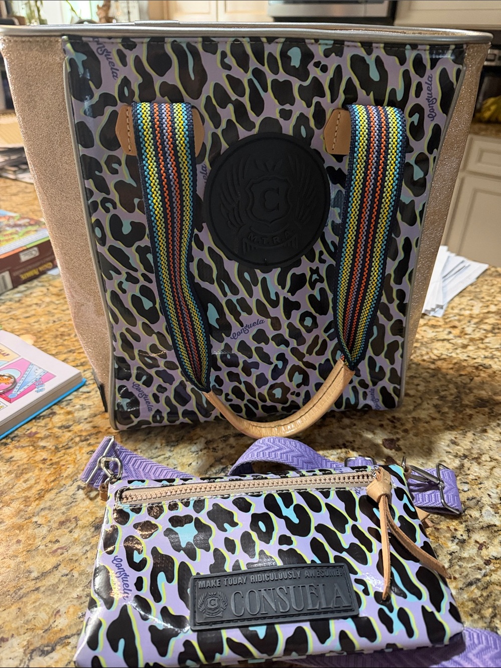 Consuela Purple Leopard Print Tote with Matching Crossbody Pouch